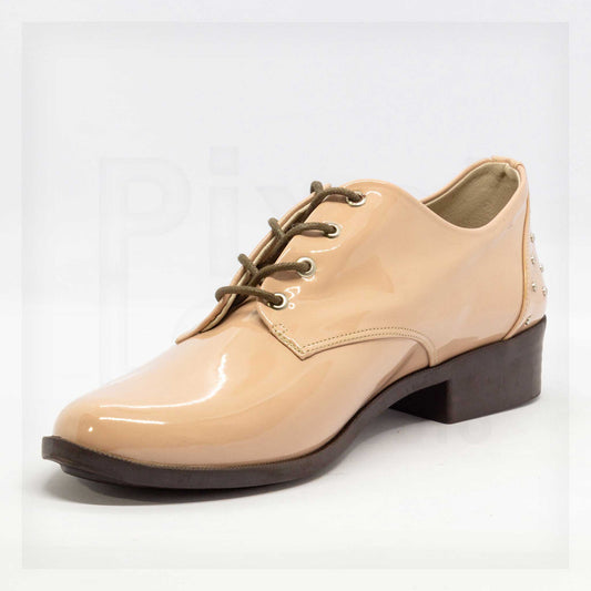 Ale Aguilar Studded Patent Leather-Look Oxfords in Beige Curated by Machine