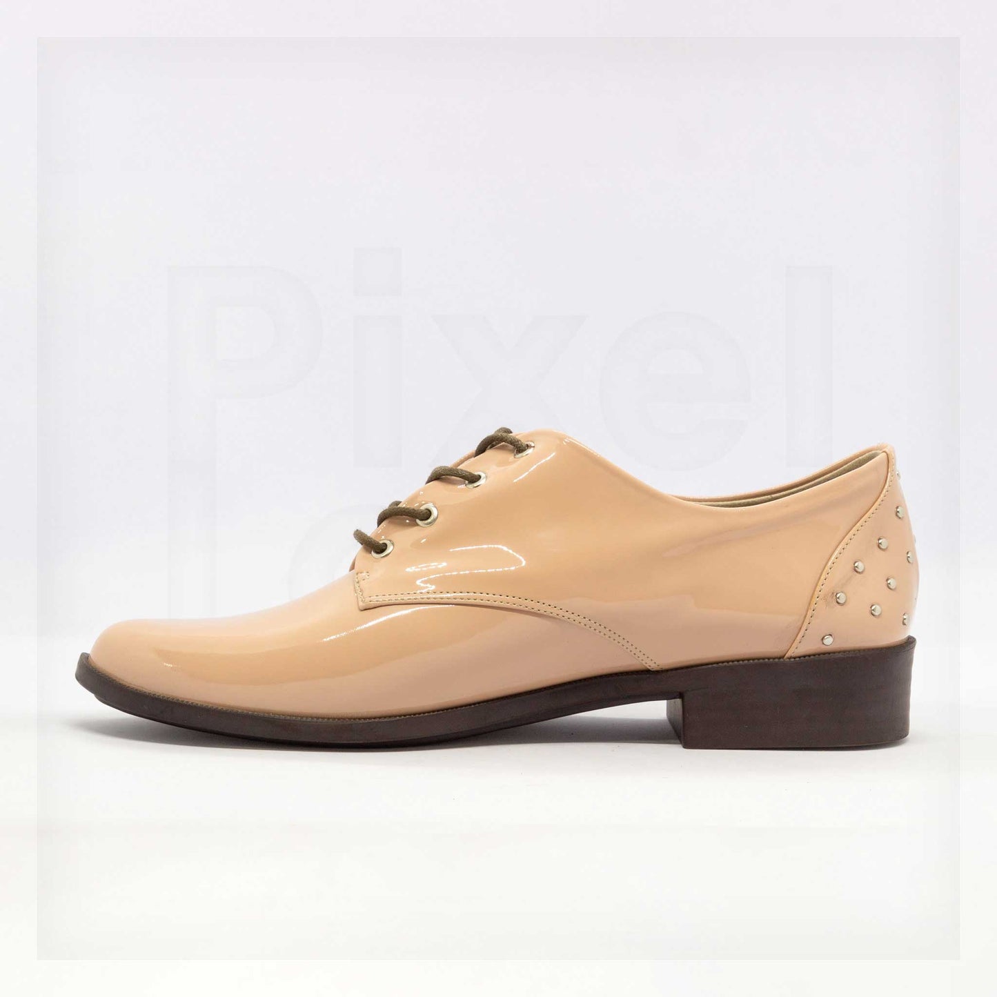 Ale Aguilar Studded Patent Leather-Look Oxfords in Beige Curated by Machine
