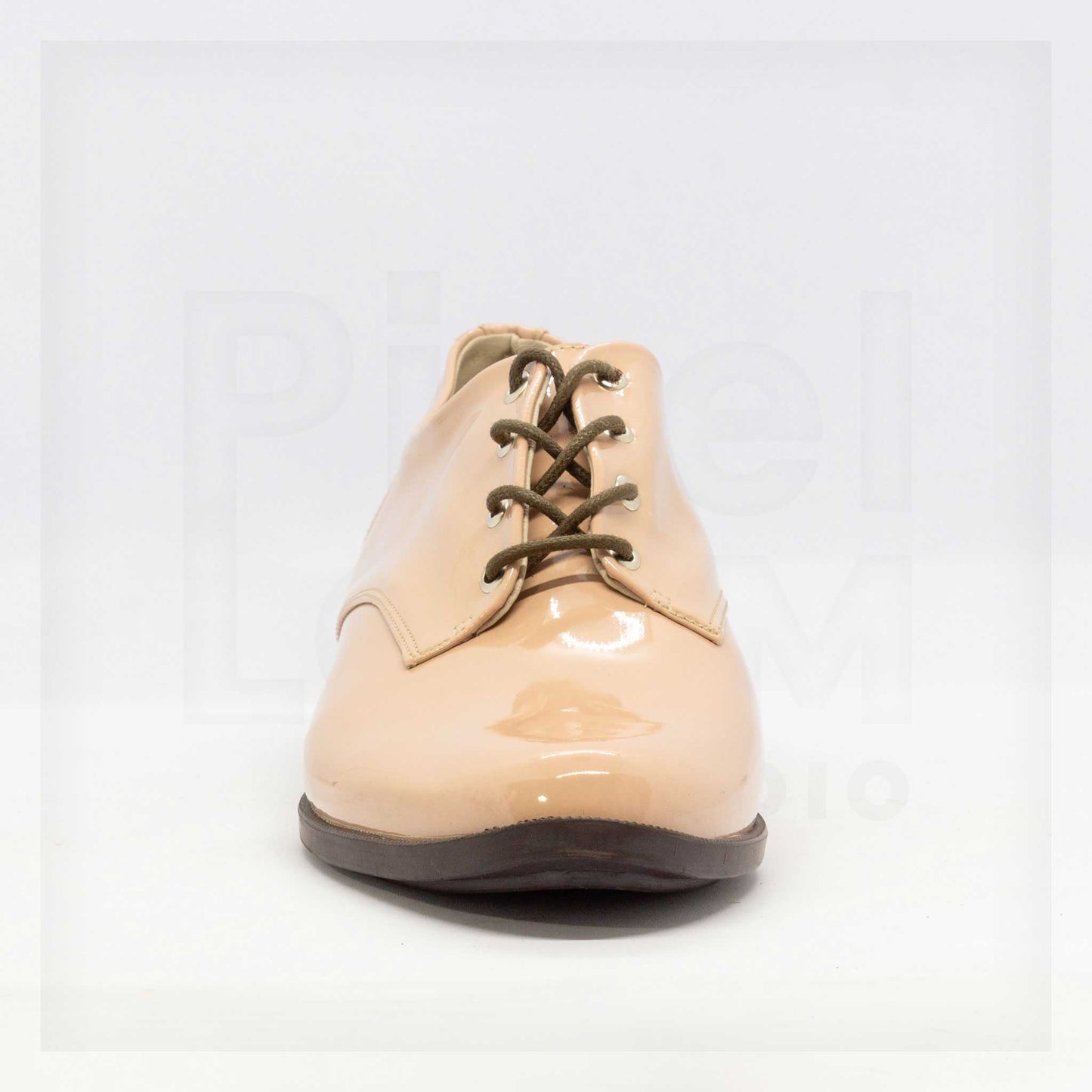 Ale Aguilar Studded Patent Leather-Look Oxfords in Beige Curated by Machine
