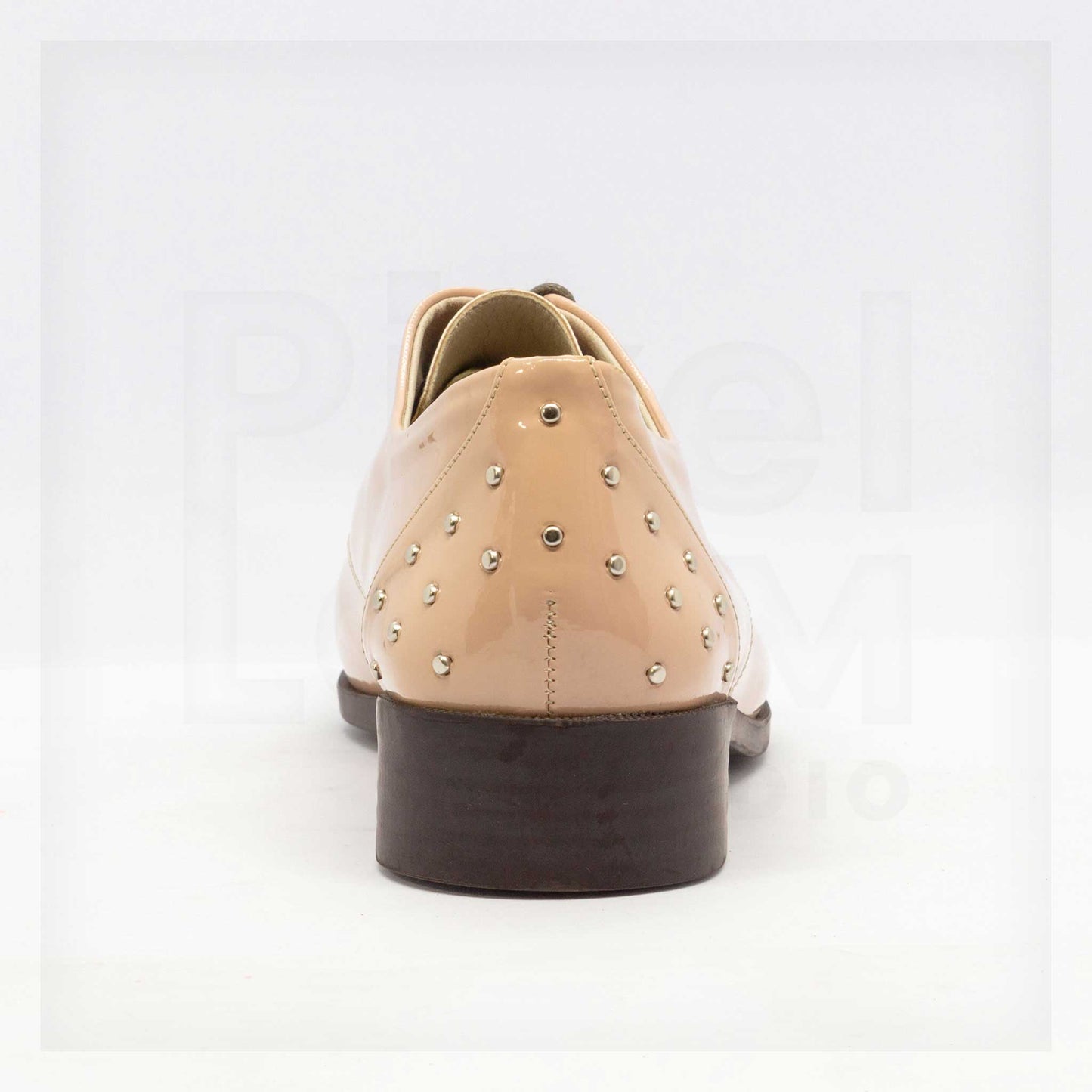 Ale Aguilar Studded Patent Leather-Look Oxfords in Beige Curated by Machine