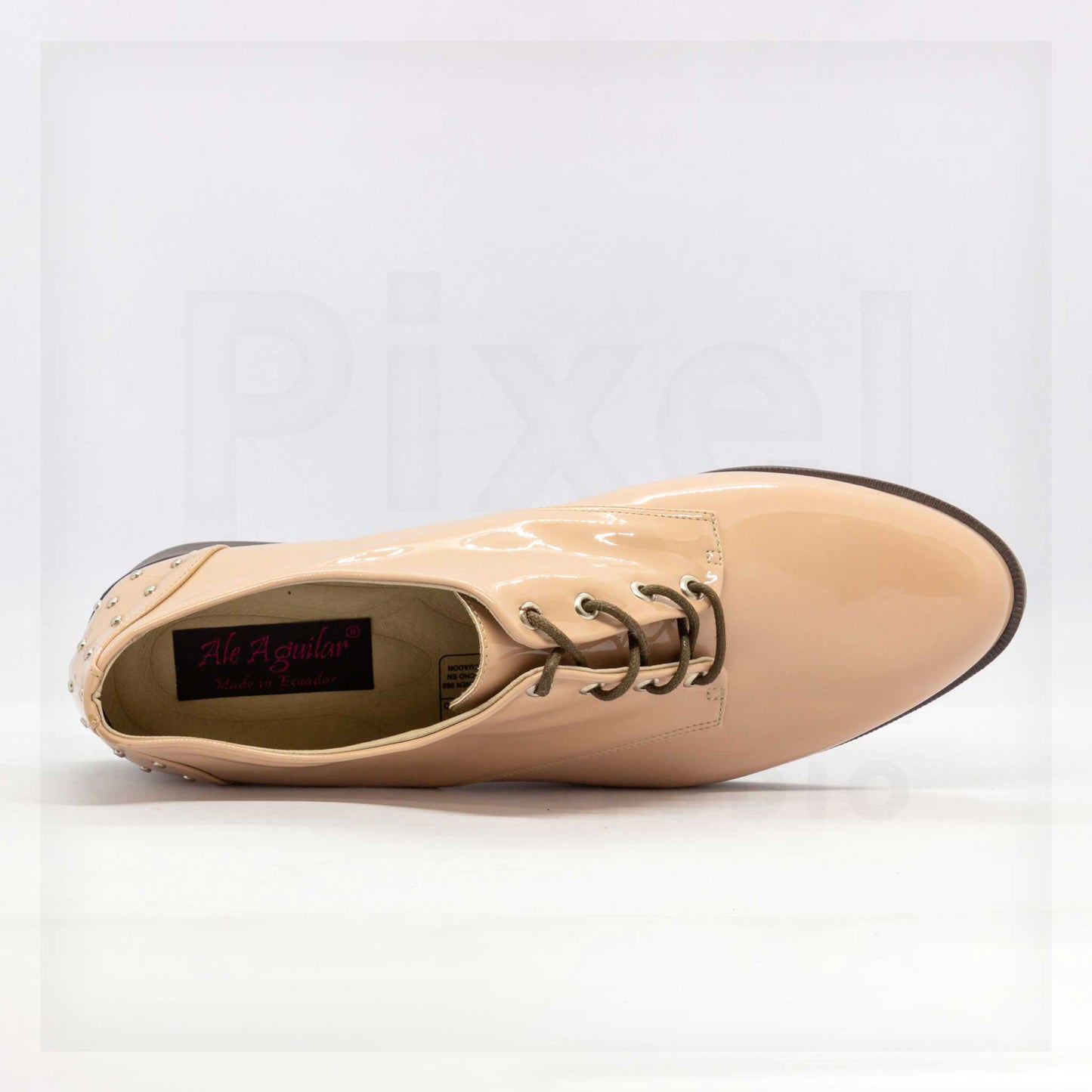 Ale Aguilar Studded Patent Leather-Look Oxfords in Beige Curated by Machine