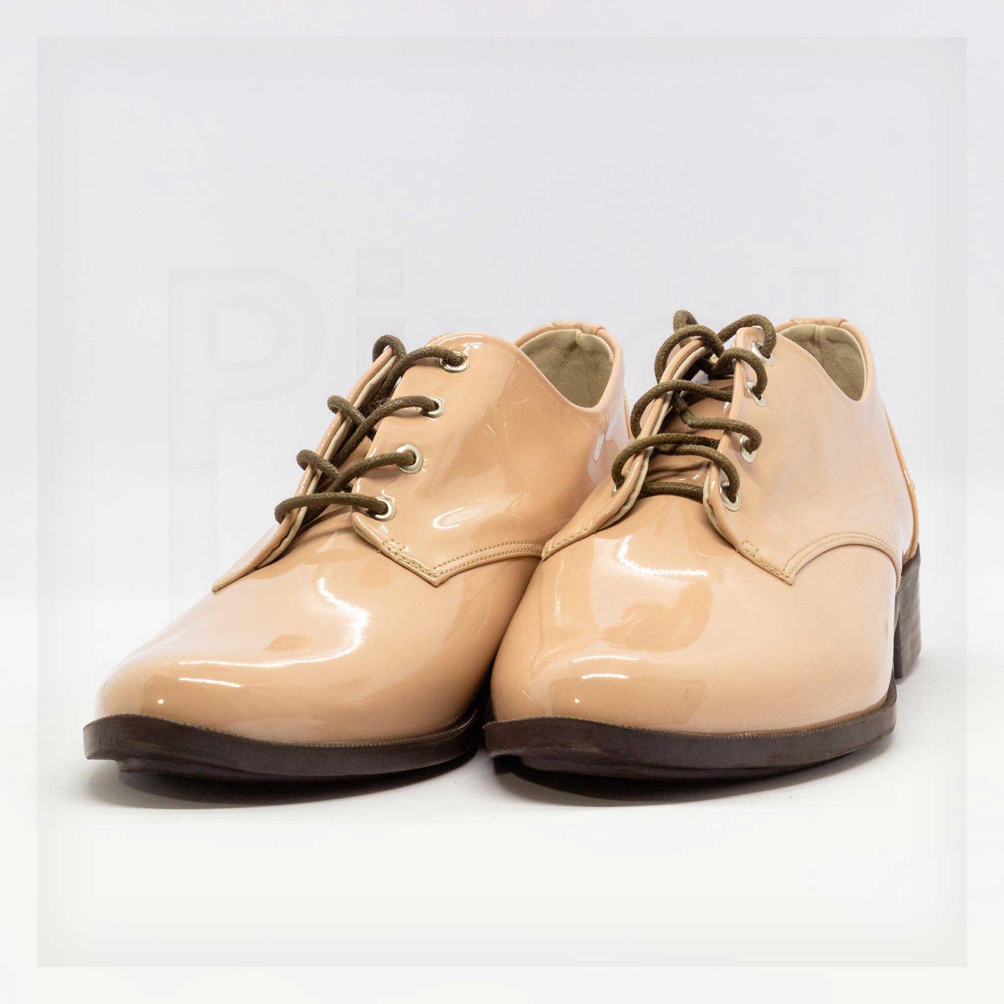 Ale Aguilar Studded Patent Leather-Look Oxfords in Beige Curated by Machine