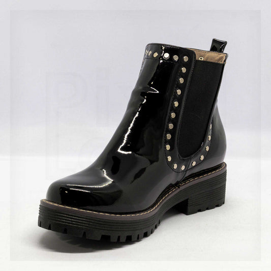 Ale Aguilar Studded Patent Chelsea Lug-Sole Boots in Black Curated by Machine