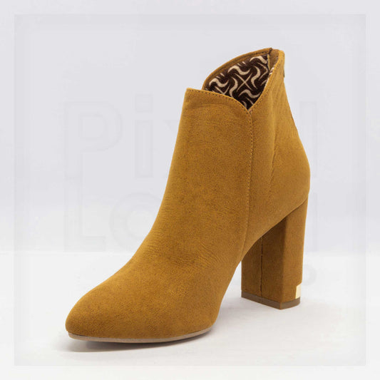 Machine Pointed-Toe Faux-Suede Block Heel Ankle Boots in Mustard Tan