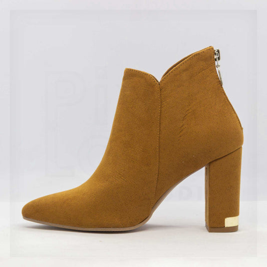 Machine Pointed-Toe Faux-Suede Block Heel Ankle Boots in Mustard Tan