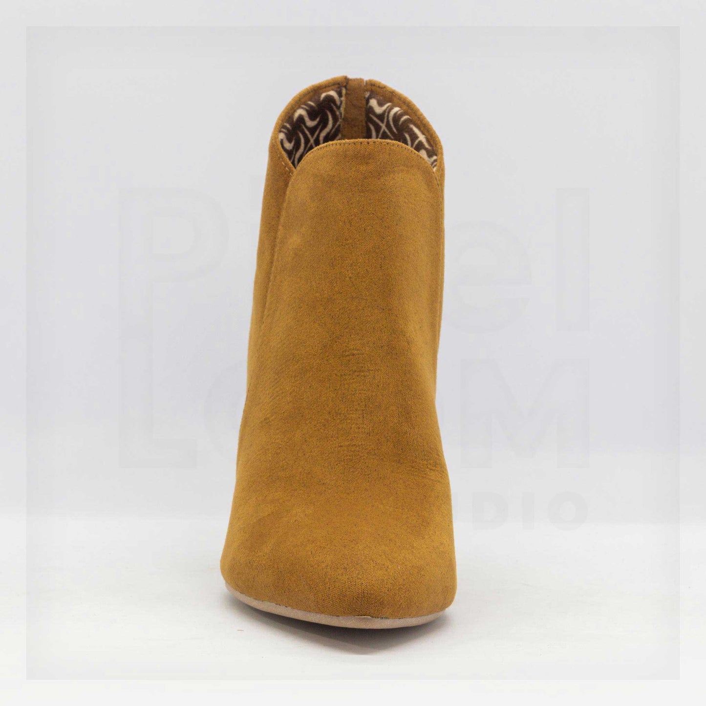 Machine Pointed-Toe Faux-Suede Block Heel Ankle Boots in Mustard Tan