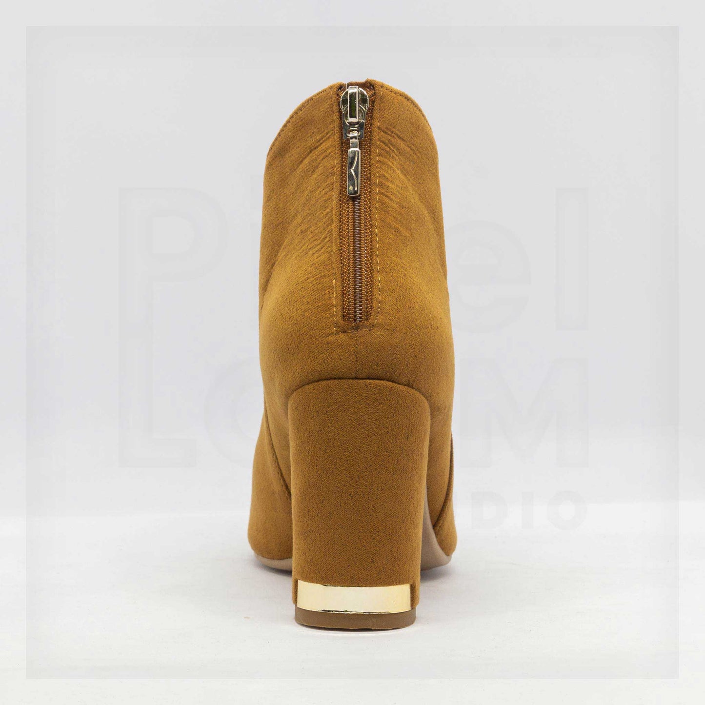 Machine Pointed-Toe Faux-Suede Block Heel Ankle Boots in Mustard Tan