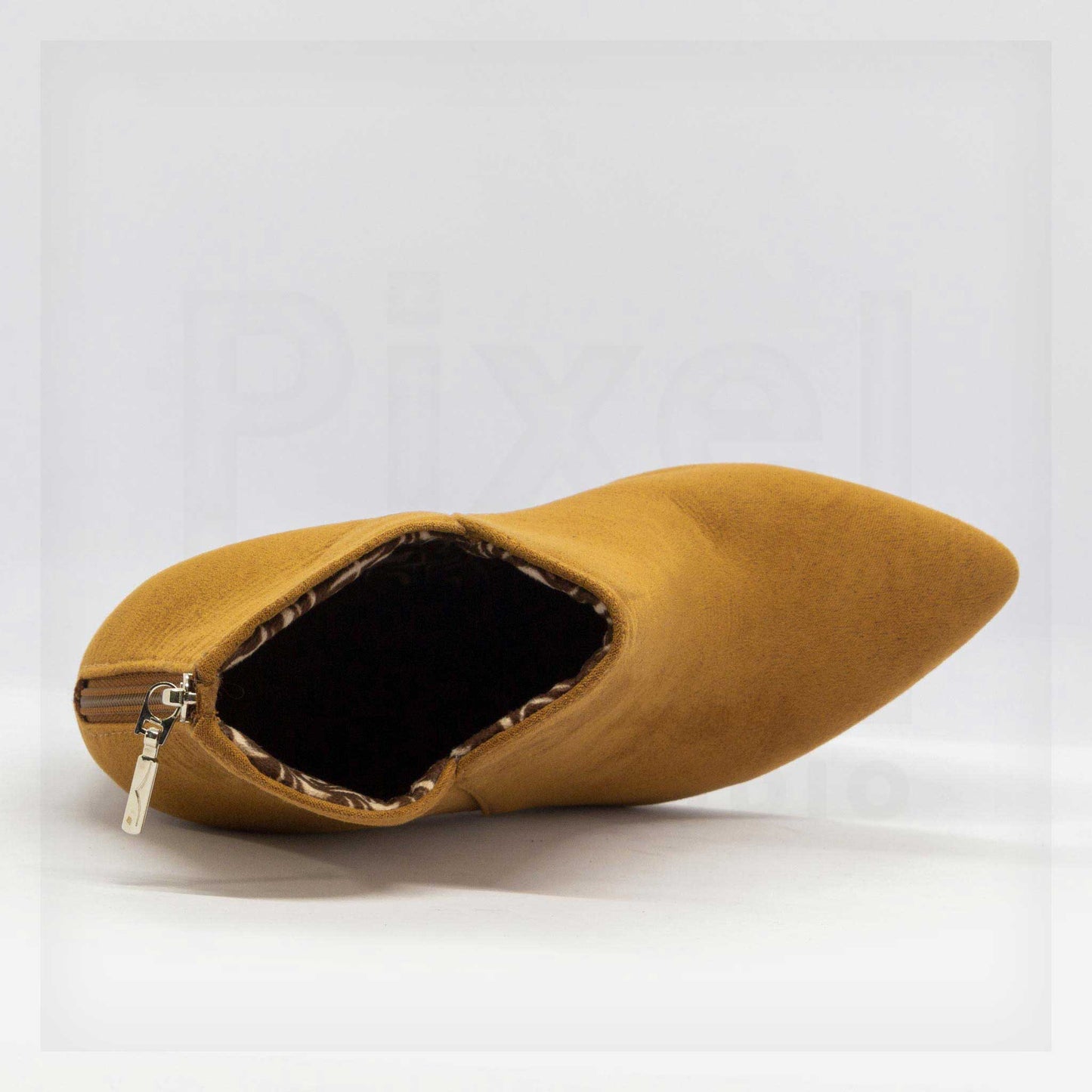 Machine Pointed-Toe Faux-Suede Block Heel Ankle Boots in Mustard Tan