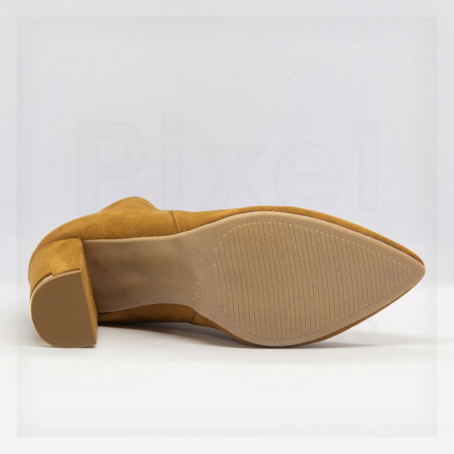 Machine Pointed-Toe Faux-Suede Block Heel Ankle Boots in Mustard Tan