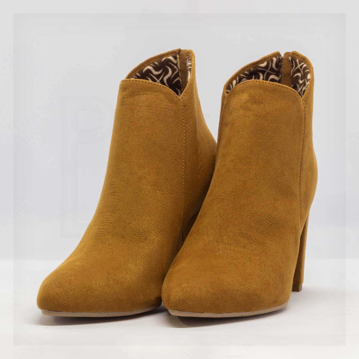 Machine Pointed-Toe Faux-Suede Block Heel Ankle Boots in Mustard Tan