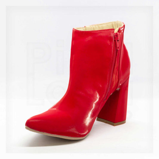 Machine Pointed-Toe Patent Block Heel Ankle Boots in Cherry Red