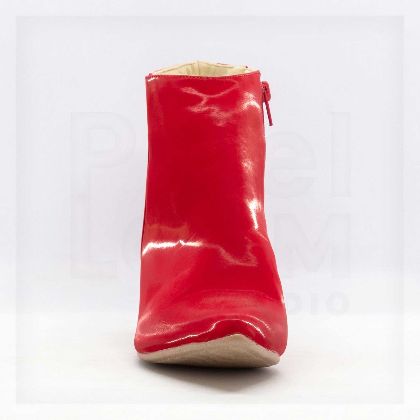 Machine Pointed-Toe Patent Block Heel Ankle Boots in Cherry Red