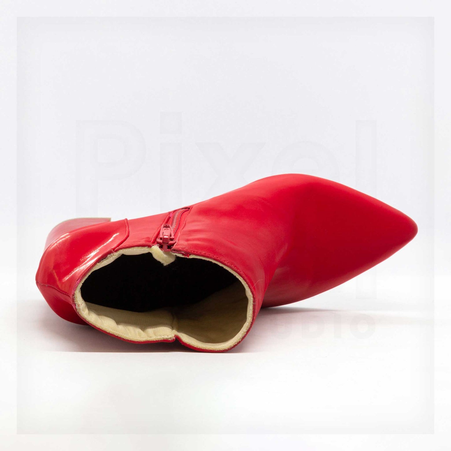Machine Pointed-Toe Patent Block Heel Ankle Boots in Cherry Red