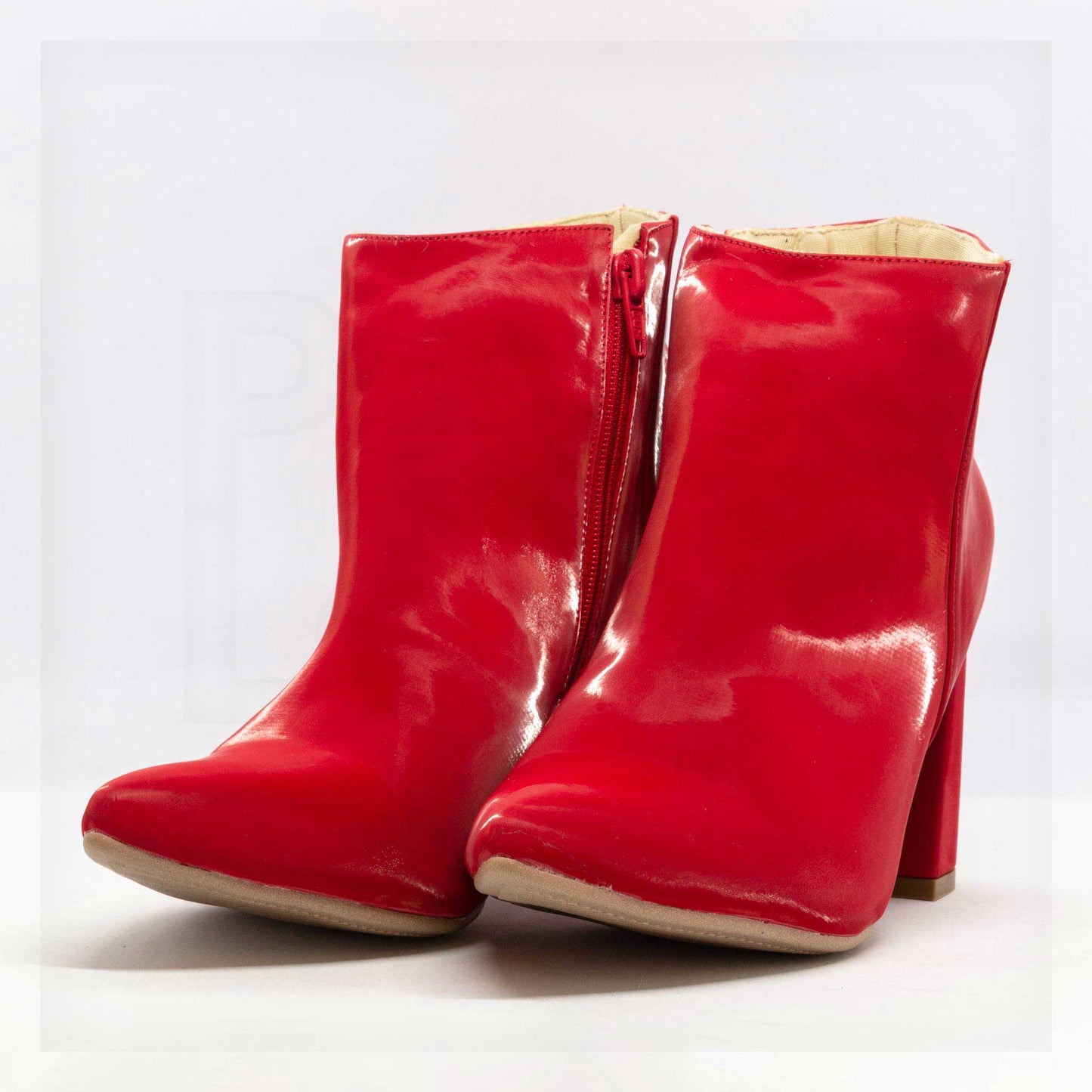 Machine Pointed-Toe Patent Block Heel Ankle Boots in Cherry Red