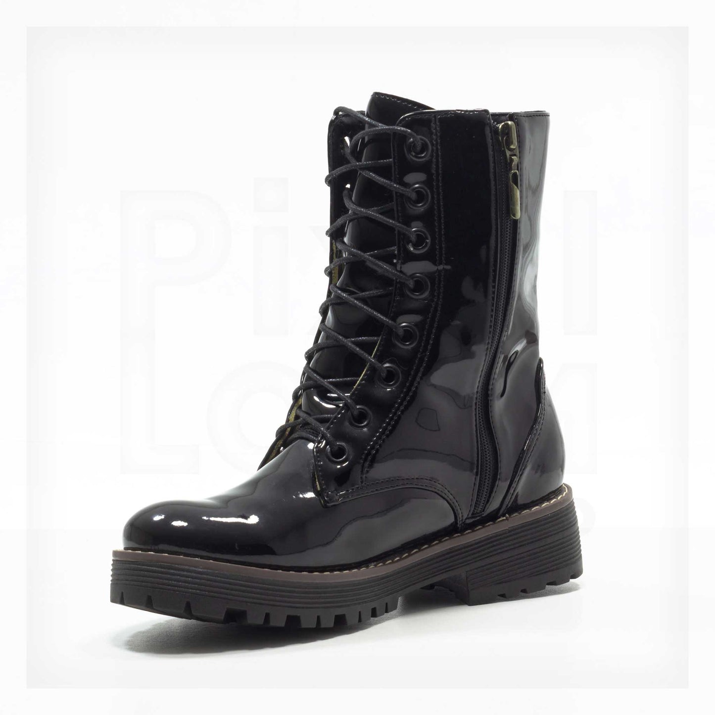 Machine Patent Lace-Up Mid-Calf Combat Boots in Black