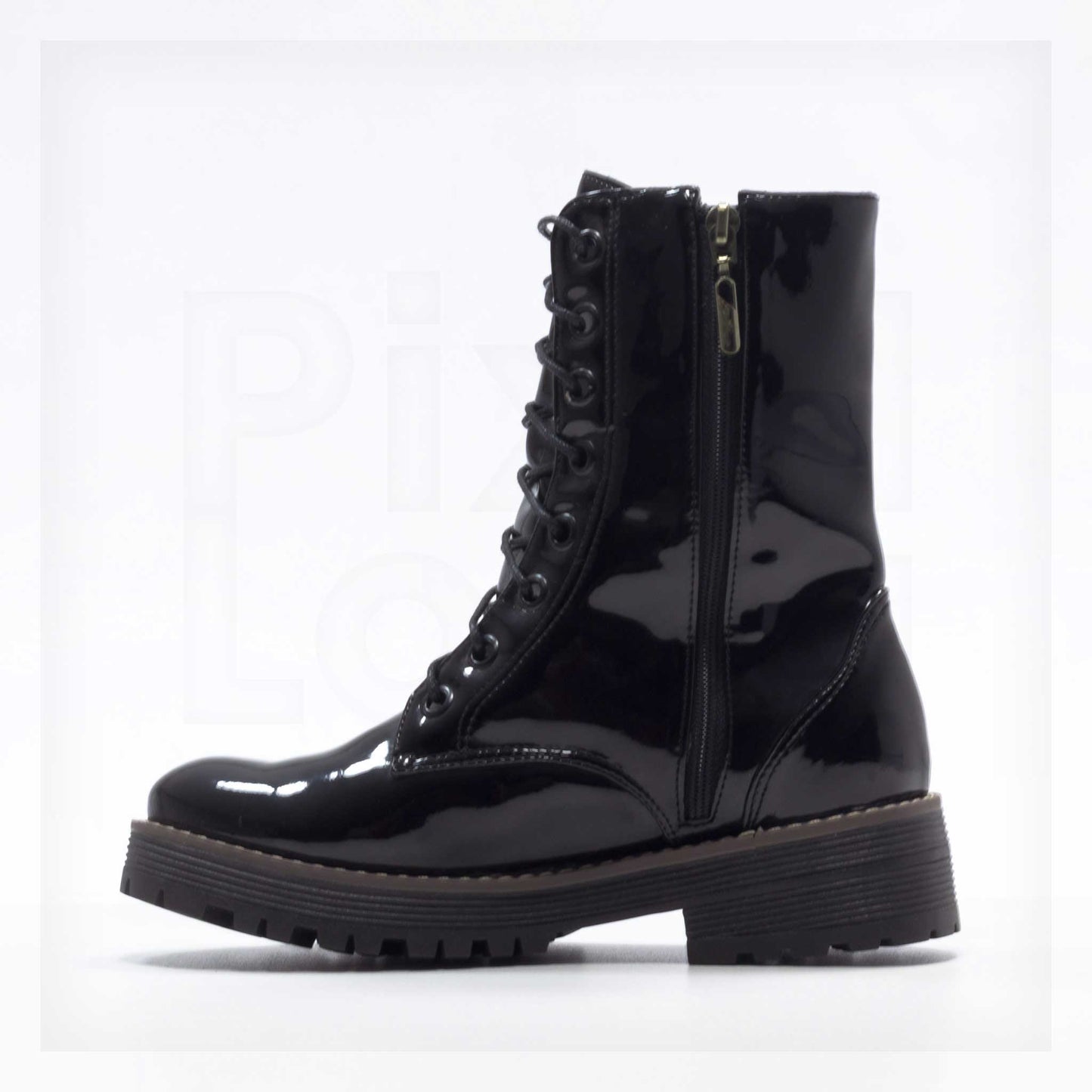 Machine Patent Lace-Up Mid-Calf Combat Boots in Black