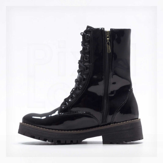 Machine Patent Lace-Up Mid-Calf Combat Boots in Black