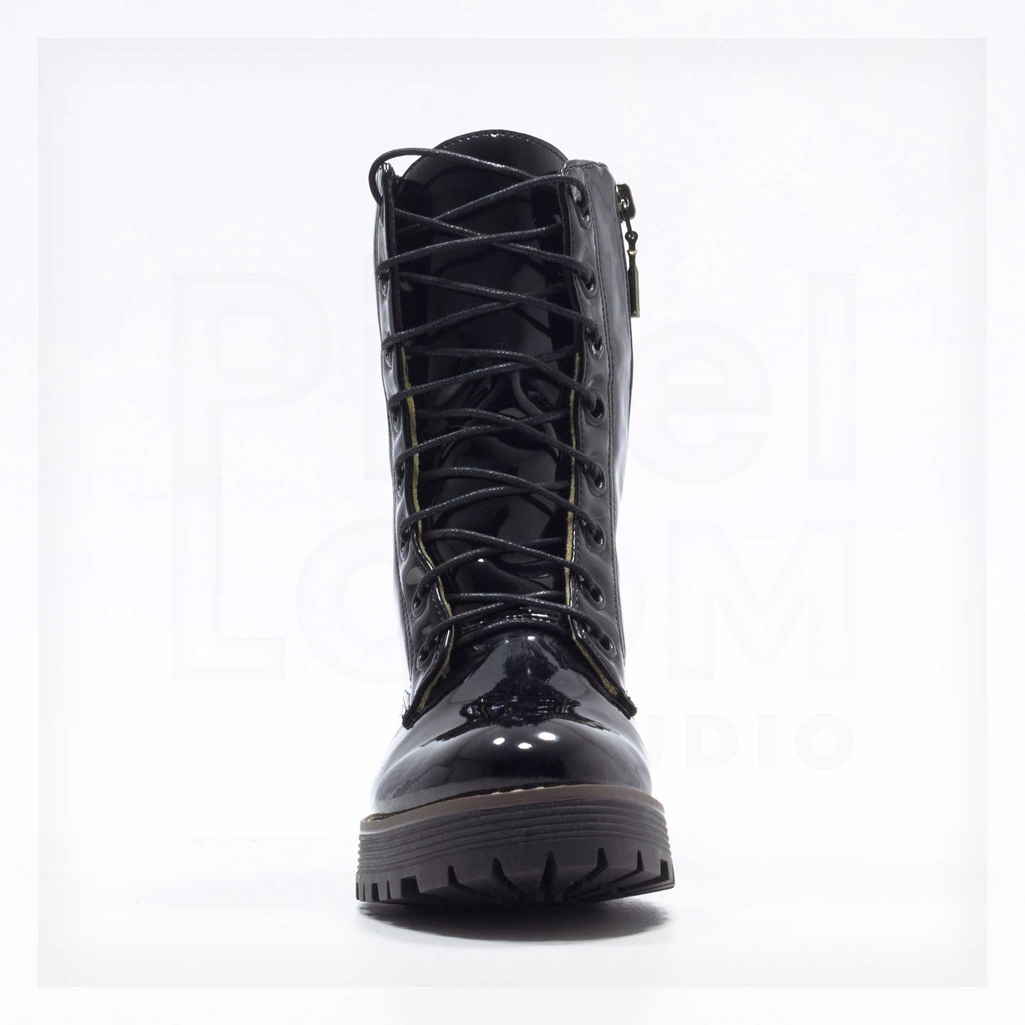 Machine Patent Lace-Up Mid-Calf Combat Boots in Black