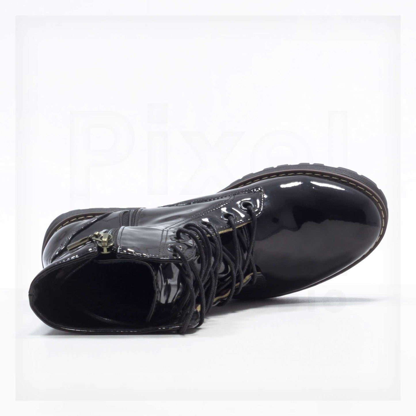 Machine Patent Lace-Up Mid-Calf Combat Boots in Black
