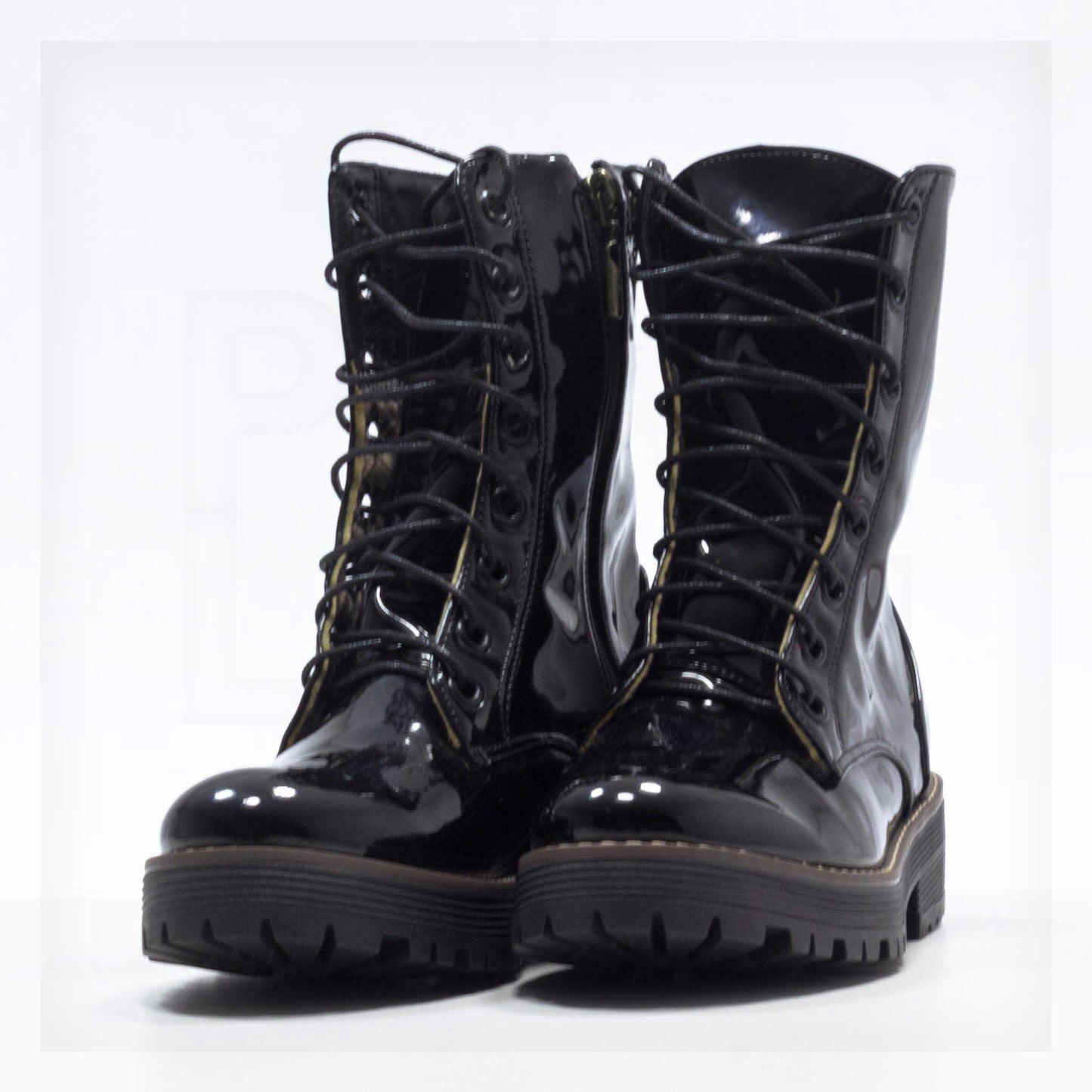 Machine Patent Lace-Up Mid-Calf Combat Boots in Black