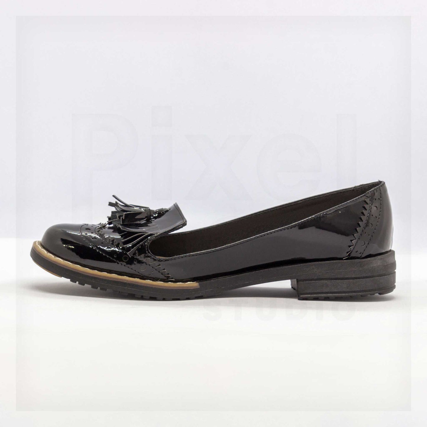 Machine Brogue Patent Leather-Look Tassel Loafers