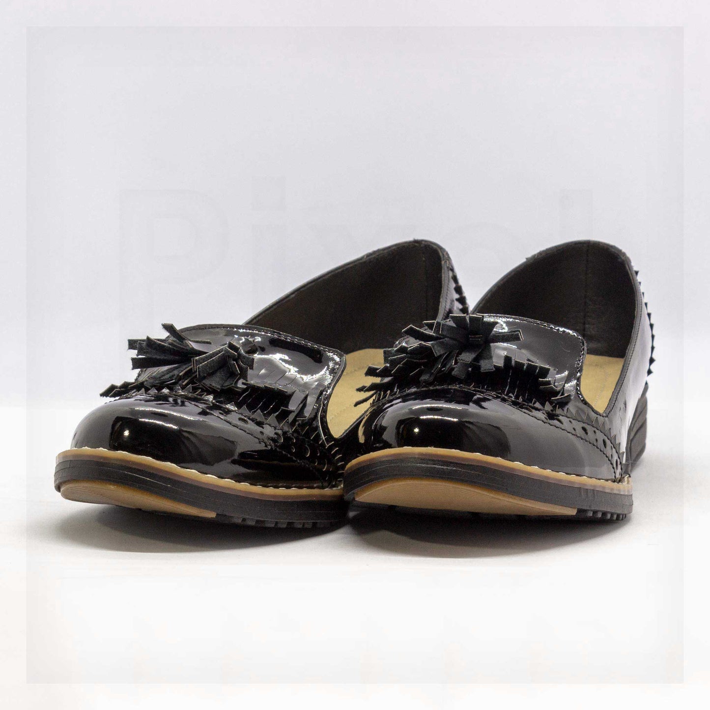 Machine Brogue Patent Leather-Look Tassel Loafers