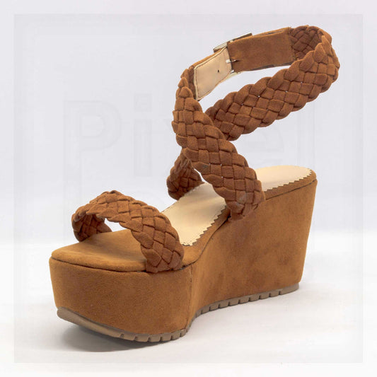 Machine Braided Straps Platform Wedge Sandals in Brown