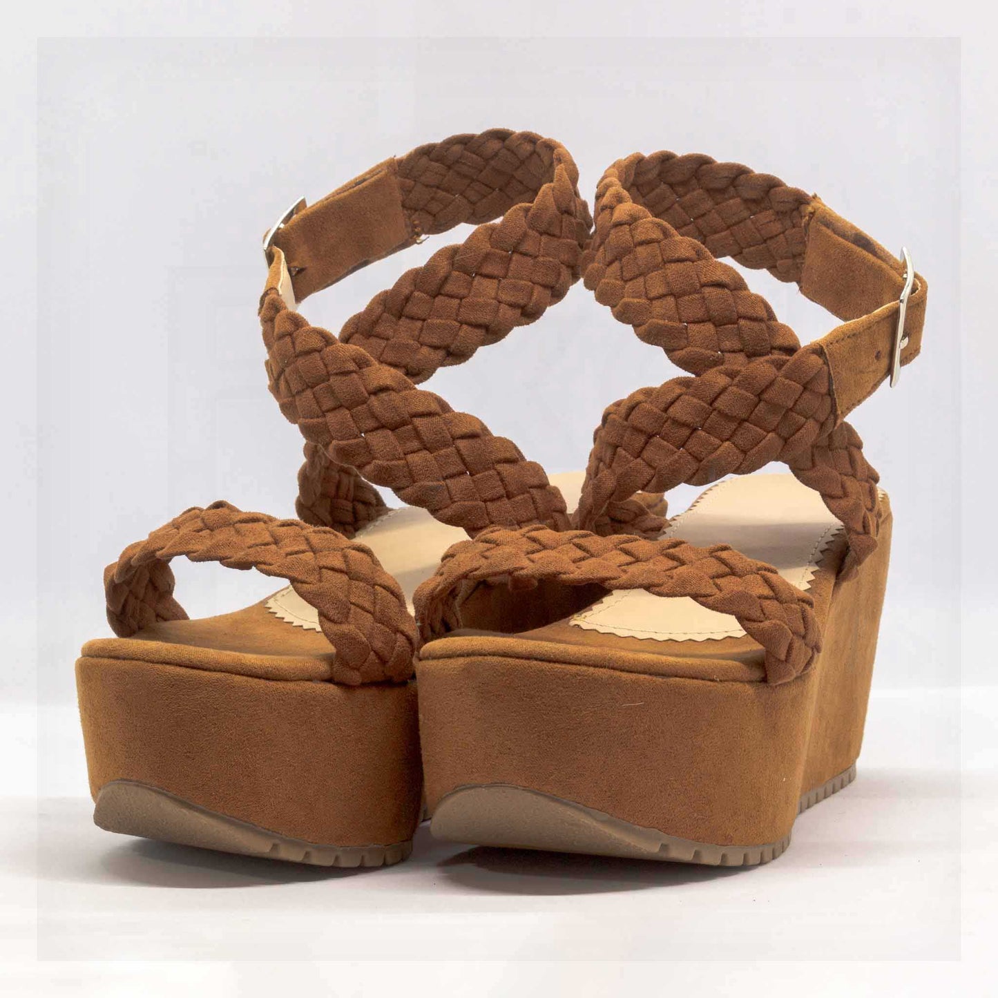 Machine Braided Straps Platform Wedge Sandals in Brown